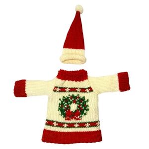 Doll or Teddy Bear Christmas Sweater and Santa Hat Set Wreath Red Creme Green